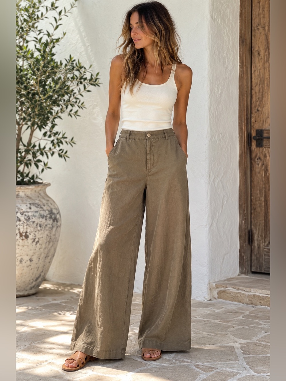 Madewell Zoe Relaxed Wide Leg 100% Linen Pants Safari Khaki Size 6